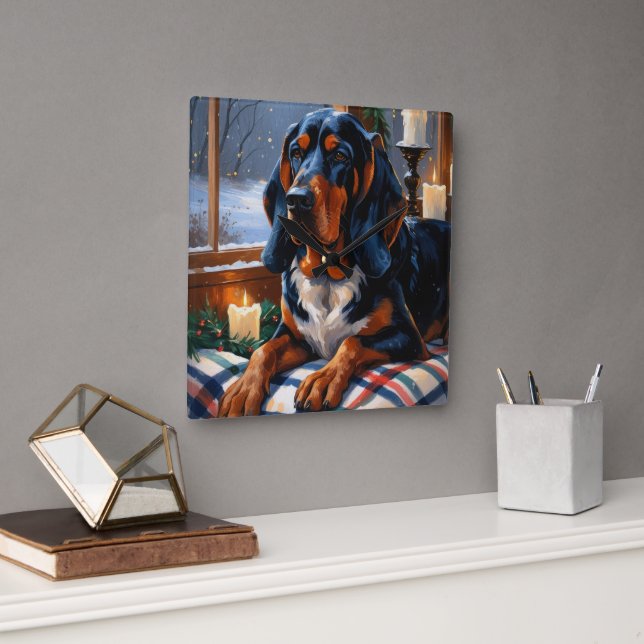 Relógio Quadrado Bluetick Coonhound Com Luzes de Natal Feriado (Escritório)