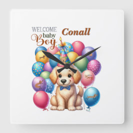Relógio Quadrado Boas-vindas Bebê Cachorro e Design de Balões
