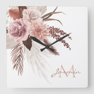 Relógio Quadrado Boho Blush Rosa Grama Pampas Floral Monograma