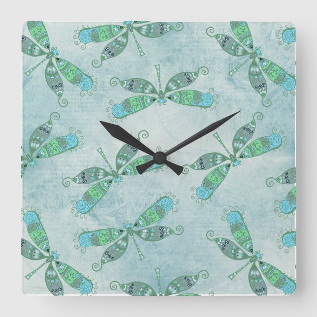 Relógio Quadrado Boho Dragonflies em azul (Frente)