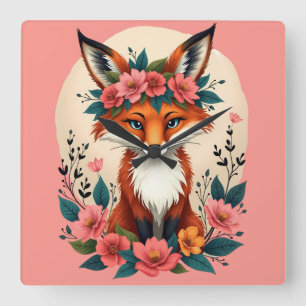 Relógio Quadrado Boho Fox com Floresta Floral