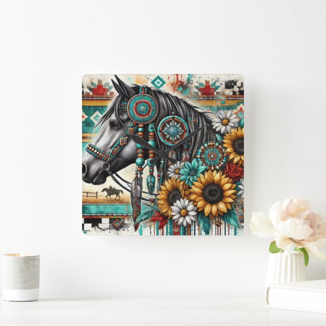 Relógio Quadrado Boho Horse Sunflower (Lar)