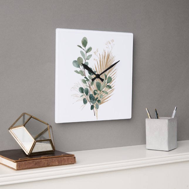 Relógio Quadrado Boho Minimal Natural Botanical Wall Clock (Escritório)