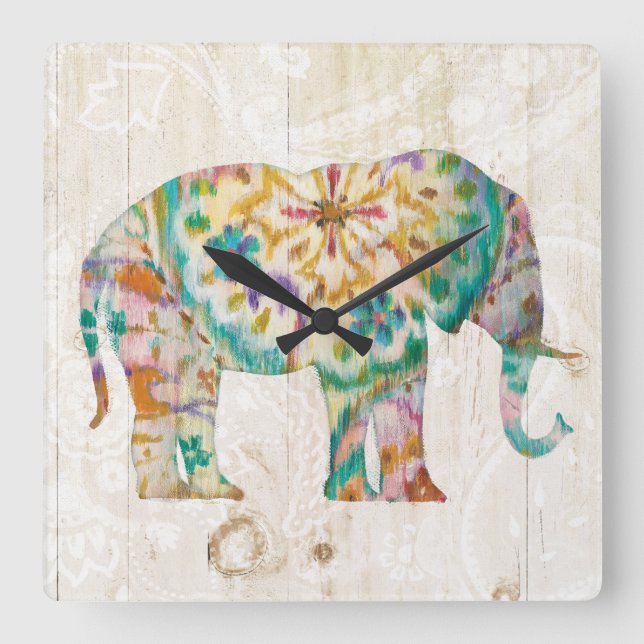 Relógio Quadrado Boho Paisley Elephant I (Frente)