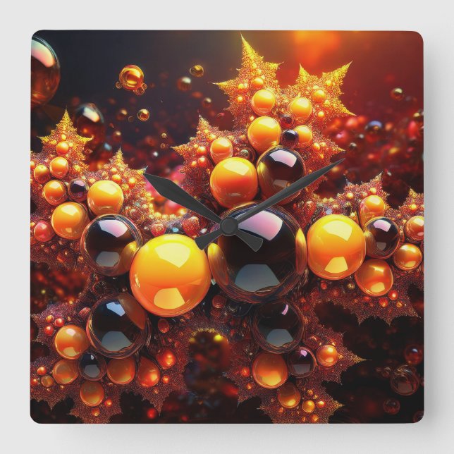 Relógio Quadrado Bolas De ouro E Estrelas Fractais (Frente)