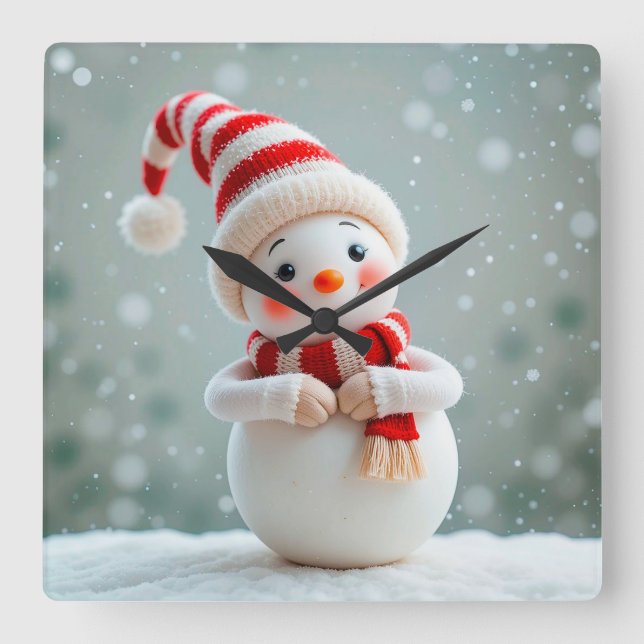 Relógio Quadrado Boneco de Neve Alegre com Chapéu de Festa (Frente)