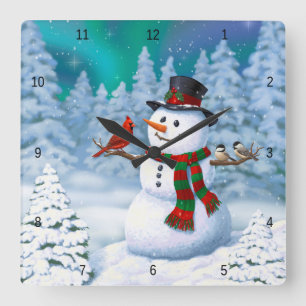 Relógio Quadrado Boneco de Neve Feliz Natal & Pássaros Cena de Inve
