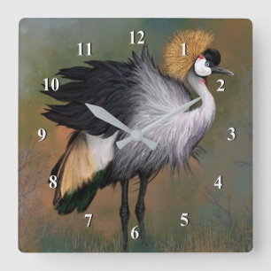 Relógio Quadrado Bonita Cinza Crowned Crane - Arte de Pintura Migra