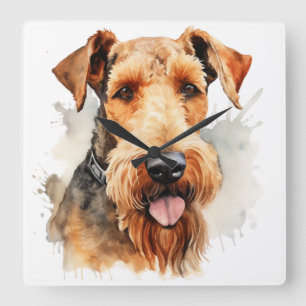 RELÓGIO QUADRADO BONITA COR DE ÁGUA ROWN AIREDALE TERRIER DOG