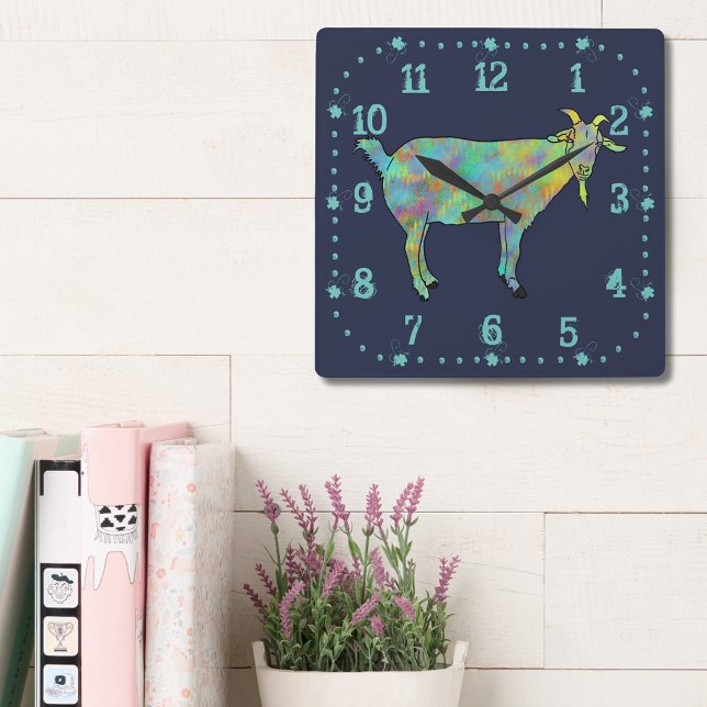 Relógio Quadrado Bonita Goat Colorida Engraçada Engraçada Arte Anim (Cute goat colorful farm animal art blue and green wall clock)