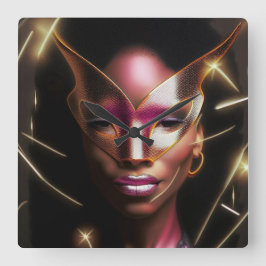 Relógio Quadrado Bonita roupa e máscara de festa da Black Lady Part