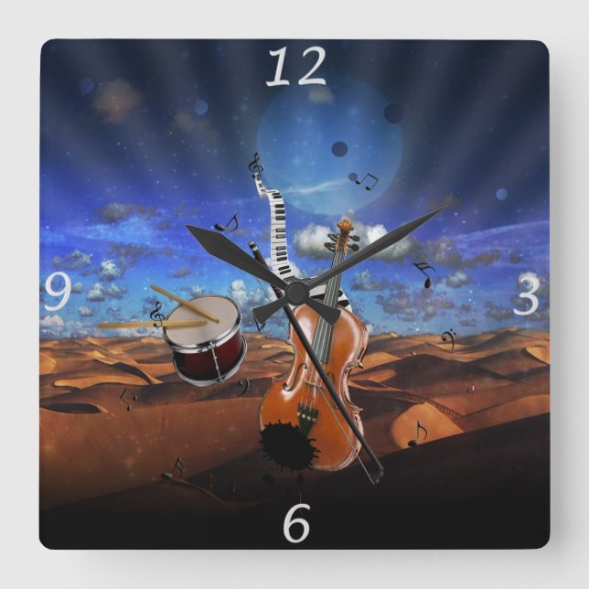 Relógio Quadrado Bonitas notas de música violino, tambores de piano (Frente)
