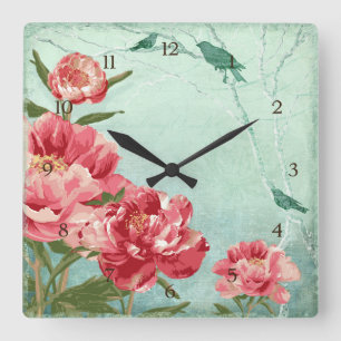 Relógio Quadrado Bonito Declive da Flor Chintz Peony n Bird