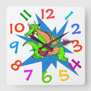 Relógio Quadrado Bonito Dinasour Jogando Guitarra Kids Quarto De Pa