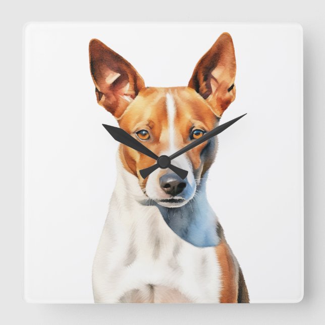 RELÓGIO QUADRADO BONITO E BRANCO BASENJI DOG (Frente)