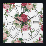 Relógio Quadrado Bonito França Country Floral<br><div class="desc">Pulveridades adoráveis do país francês inspiraram rosas cor-de-rosa,  vermelha e branca e folhagem verde na repetição de um padrão editável em fundo transparente com numerais romanos. Todos os elementos gráficos podem ser redimensionados,  rodados e reposicionados.</div>