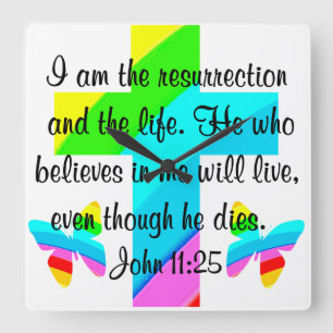 RELÓGIO QUADRADO BONITO JOHN 11:25 CAIXAS DE CHUMBO E MANTEIRAS