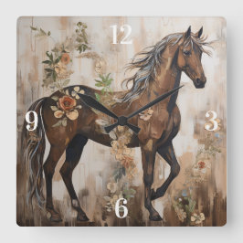 Relógio Quadrado Bonito pintura de cavalos florais
