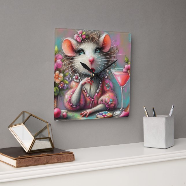 Relógio Quadrado Bonito Rat Lady Tendo um Martini Contemplando (Escritório)