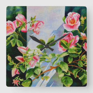 Relógio Quadrado Bonito rosa, rosas vermelhas, flor aquarela