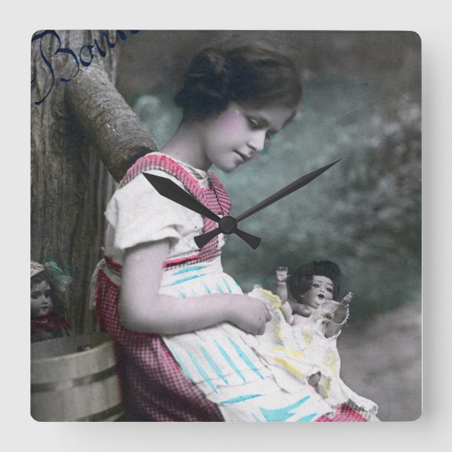Relógio Quadrado Bonne Année Vintage Girl com Dolll (Frente)