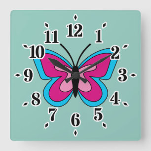Relógio Quadrado Borboleta Azul Magenta Rosa