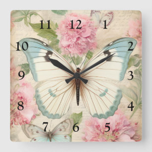Relógio Quadrado Borboleta e Flores Vintage