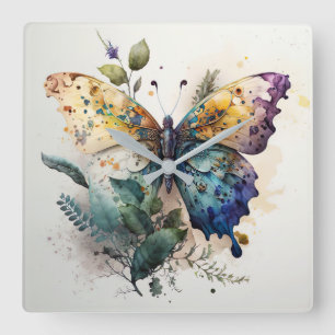 Relógio Quadrado Borboleta e Folhagem de Aquarela