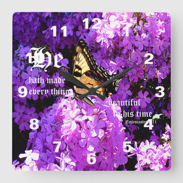 Relógio Quadrado Borboleta e Phlox com Eclesiastes 3:11 (Frente)