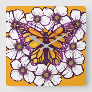 Relógio Quadrado Borboleta Monarca Floral