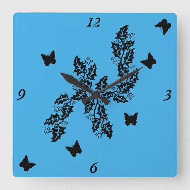 Relógio Quadrado borboleta preta em azul (Frente)