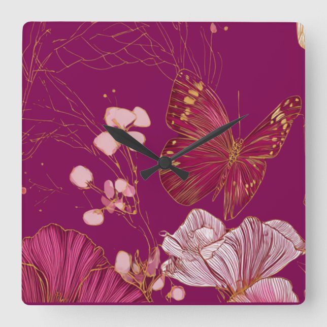 Relógio Quadrado Borboleta Rosa (Frente)