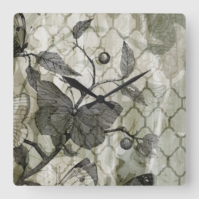 Relógio Quadrado Borboletas árabes I (Frente)
