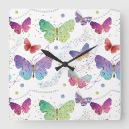 Relógio Quadrado Borboletas Roxas e Azuis Brilhantes