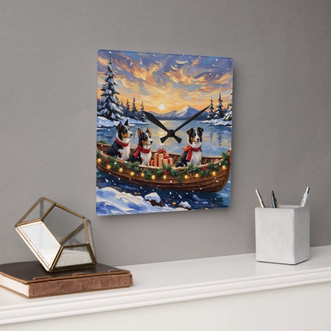 Relógio Quadrado Border Collie Christmas Boat Holiday (Escritório)