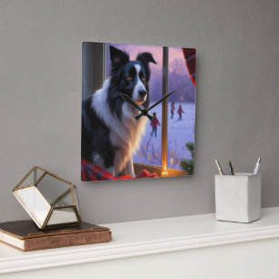 Relógio Quadrado Border Collie Com Luzes de Natal Feriado