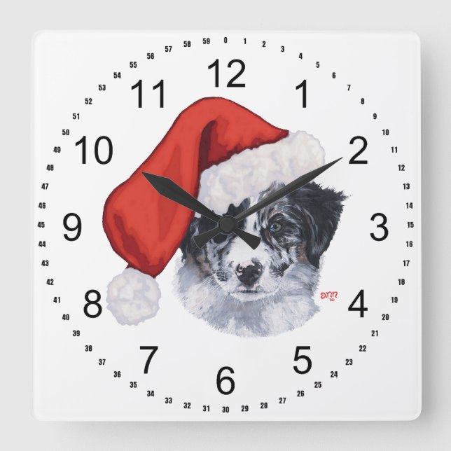 Relógio Quadrado Border Collie Natal (Frente)