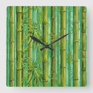Relógio Quadrado Bosque de Bambu Matizes de Verdes Quentes e Frios