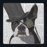 Relógio Quadrado Boston Terrier, Formal Hound e Chapéu<br><div class="desc">Boston Terrier,  Formal Hound e Hat por FabFunky. Tem um aperitivo boston terrier vestindo um tofo e monóculo divertidos. | 191411D</div>