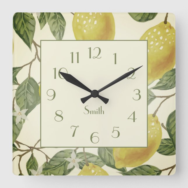 Relógio Quadrado Botânica Vintage Yellow Lemons Family Name (Frente)