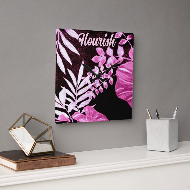 Relógio Quadrado Botanical Tropical Leaves Palm Pink Personalized (Escritório)
