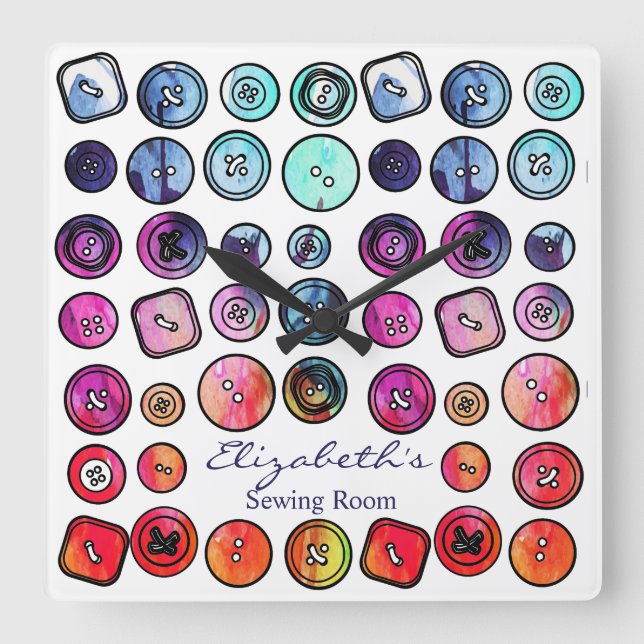 Relógio Quadrado Botão da Sala de costura (Frente)