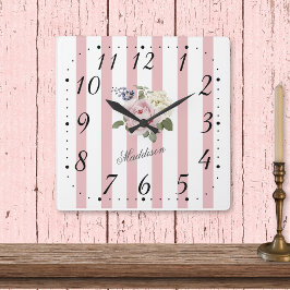 Relógio Quadrado Bouquet Rosa, Estreita, Rosa, chique, Monograma