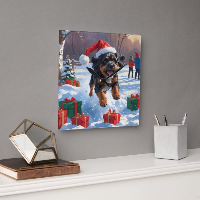 Relógio Quadrado Bouviers des Flandres Natal Cena de Neve Festiva (Escritório)