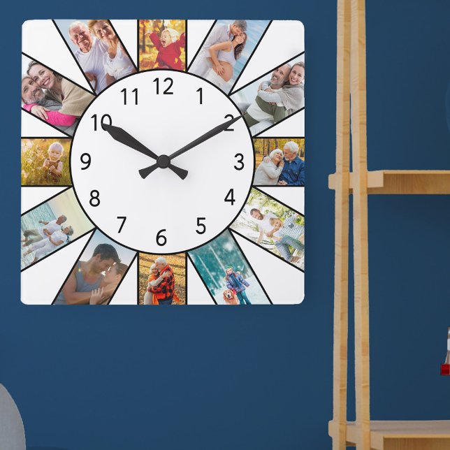 Relógio Quadrado Branco de Colagem de Fotos da Família Personalizad (Photo clock with 12 photos, one at each hour. Great design for your home or a thoughtful photo gift.)