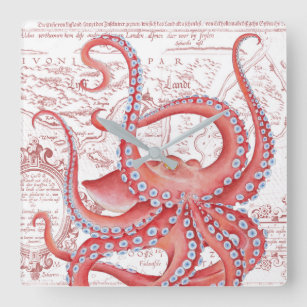 Relógio Quadrado Branco do Mapa de Vintagem do Octopus Vermelho