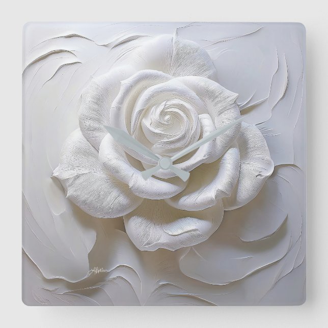 Relógio Quadrado Branco sobre Branco - Rosa Esculpida (Frente)