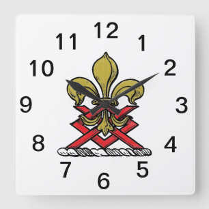 Relógio Quadrado Brasão Heráldico Dourado Vermelho Preppy com Emble