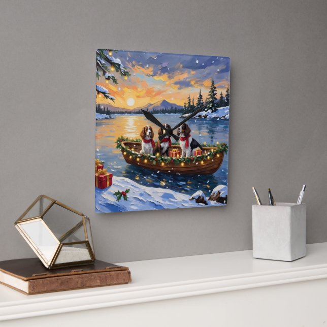 Relógio Quadrado Brittany Spaniel Christmas Boat Holiday (Escritório)