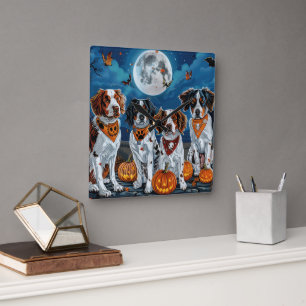 Relógio Quadrado Brittany Spaniel Halloween Assustador